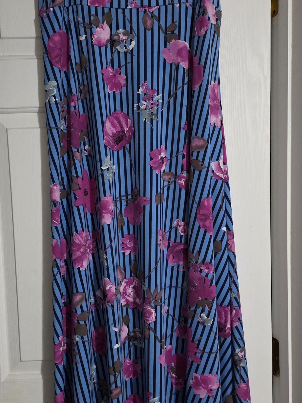 LuLaRoe Blue Stripe Maxi Skirt with Pink Floral Print